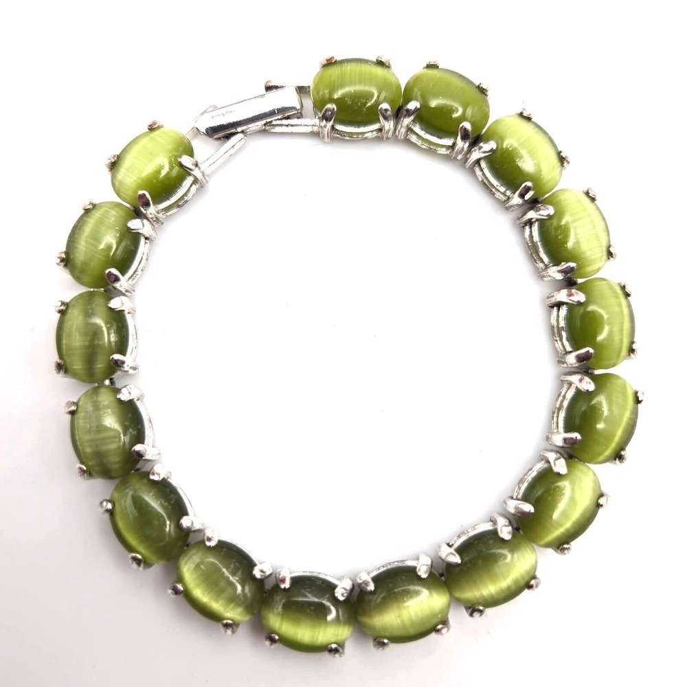 Silvertone 7" Bracelet with Prong Set Olive Green Glass Cats Eye Gemstones